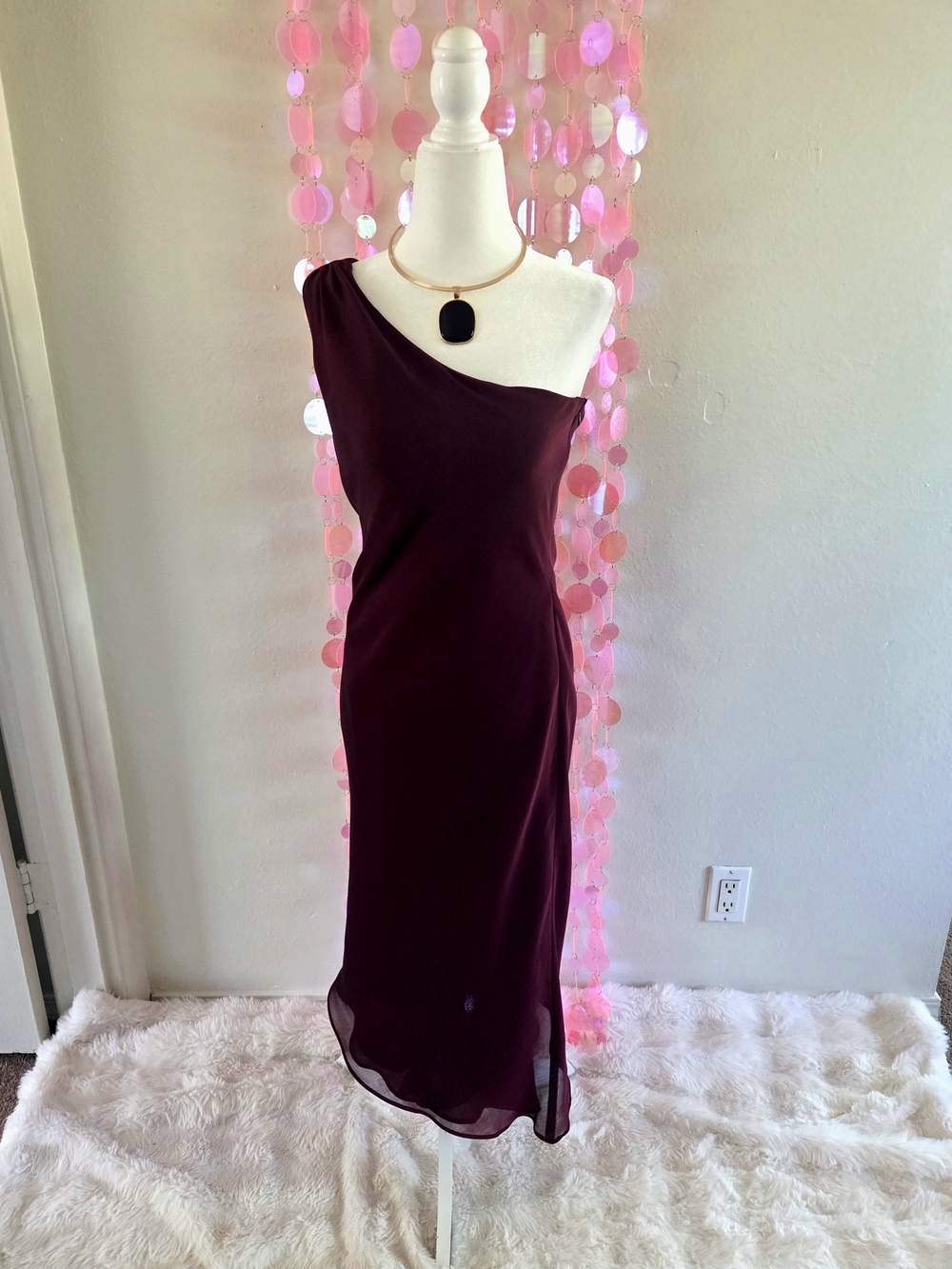Betsy & Adam One-Shoulder Wine Sheer-Overlay Evening Gown
